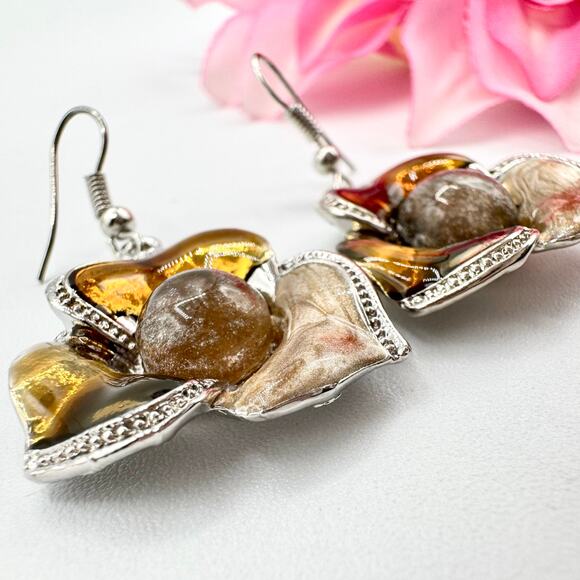 Gaudi Signed Floral Dangle Earrings Silver Tone Earthy Hues Fall Colors Enamel - Picture 2 of 9